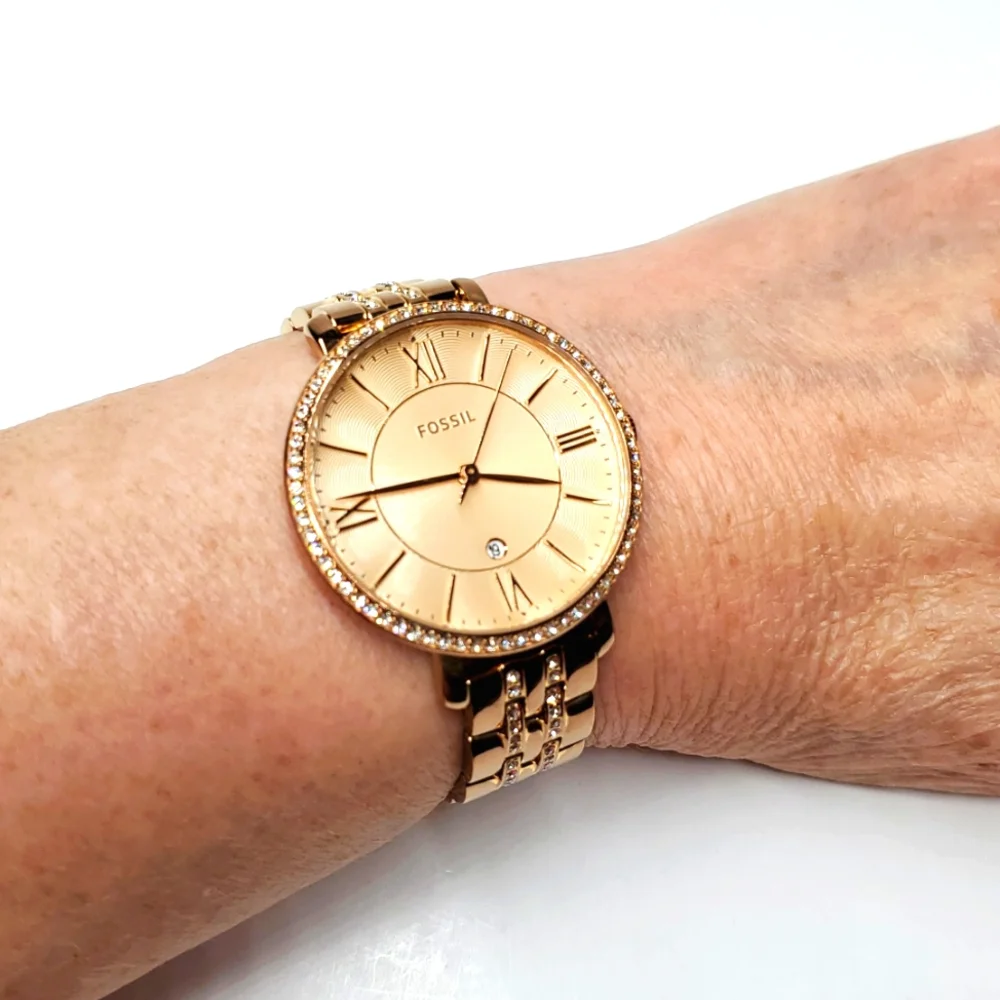 Fossil Watch ES-3546 Rose Gold Wristband Large Face Crystal Bling
